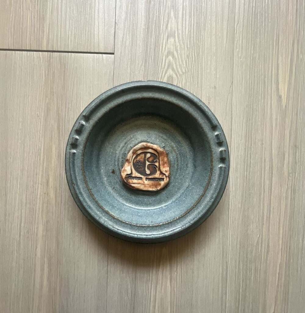 Vintage Copper Mountain Stoneware Ceramic Ashtray Bowl with Blue Glaze and Logo